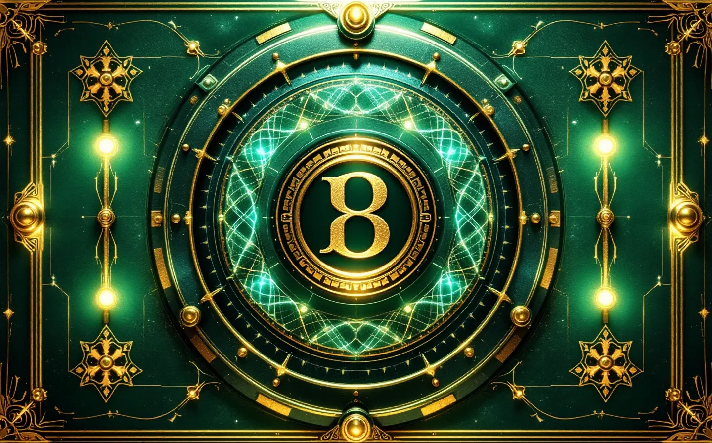 Abstract emerald vault door with four embossed peptide plates around a central gold seal